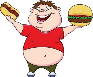 overweight boy holding hamburger and hot dog