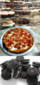 pizza, cupcakes, oreos